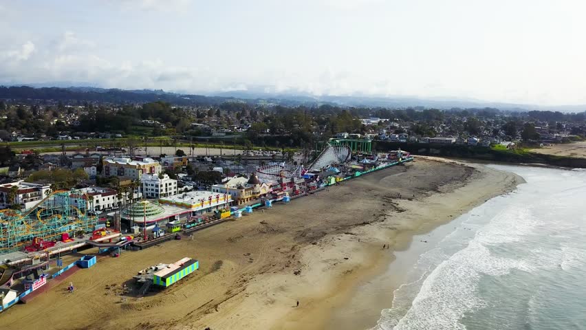 Aerial view of Santa Cruz Beach Boardwalk Amusement park Royalty-Free Stock Footage #1101705905