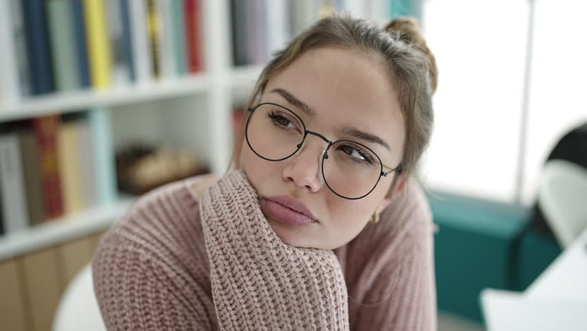 Young beautiful hispanic woman student sitting on table with doubt expression at library university