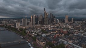 Establishing Aerial View Shot of Frankfurt am Main De, financial capital of Europe, Hesse, Germany, overcast