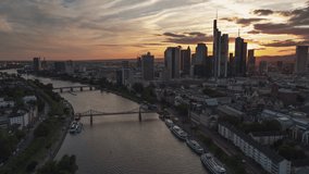 Establishing Aerial View Shot of Frankfurt am Main De, financial capital of Europe, Hesse, Germany, magnificent sunset