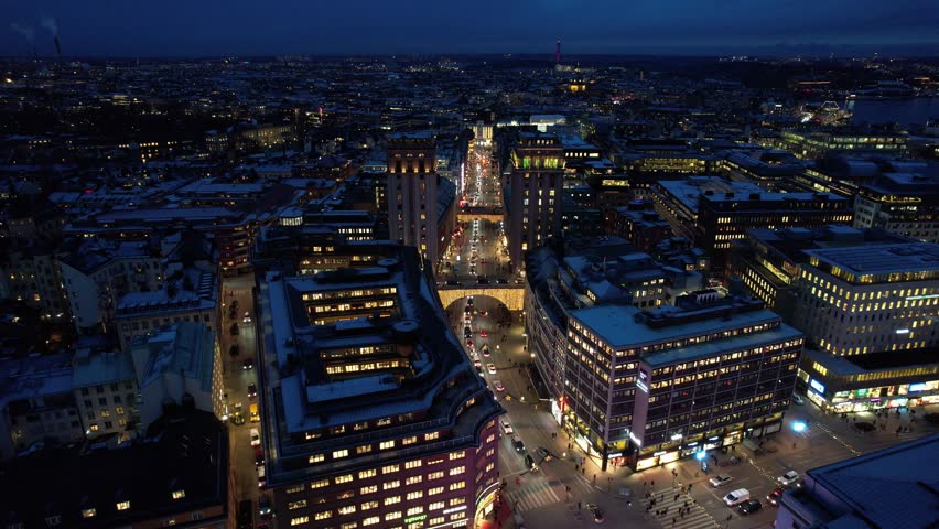 Aerial video in the evening over the capital city of Stockholm, Sweden