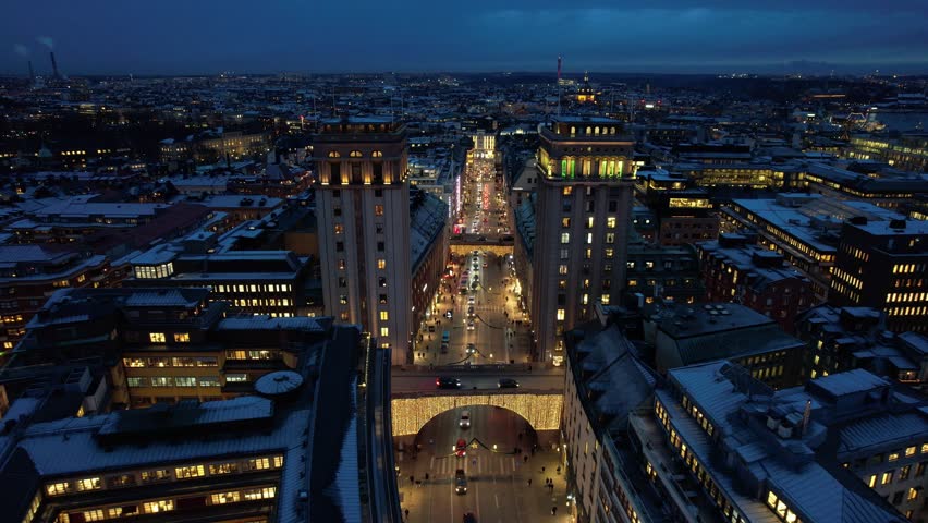 Aerial video in the evening over the capital city of Stockholm, Sweden