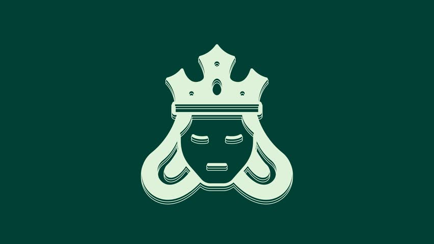 White Princess or queen wearing her crown icon isolated on green background. Medieval lady. 4K Video motion graphic animation.