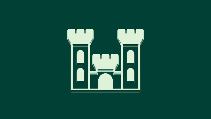 White Castle icon isolated on green background. Medieval fortress with a tower. Protection from enemies. Reliability and defense of the city. 4K Video motion graphic animation.