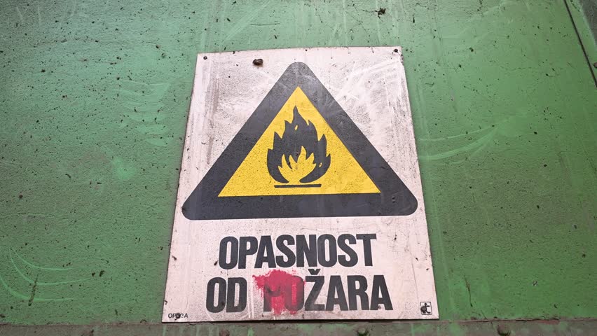 Warning sign. Risk of fire. Simbol of fire hazard in factory. Inscription: fire hazard. 