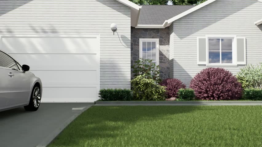 3d animation. Beautiful white American well maintained house with garage and landscaping. Well-kept yard with trees. 3D Illustration