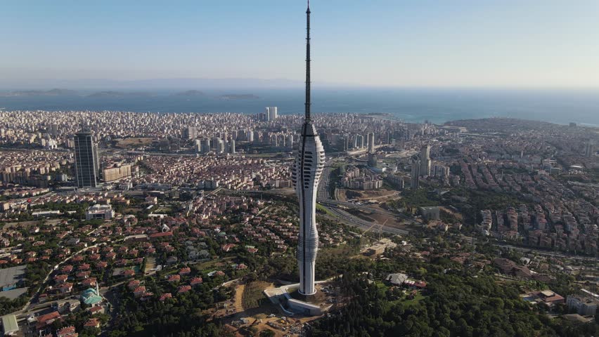 Istanbul radio tower on Camlica hill with an epic view, radio mast on the hill in the middle of the city, sea and city view