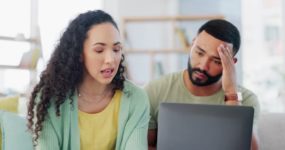 Home, argue and angry couple with bills, finance or debt problem for budget, loan payment receipt or paperwork. Frustrated, fight and woman conflict with partner headache for mortgage and expenses | Shutterstock HD Video #1101724703