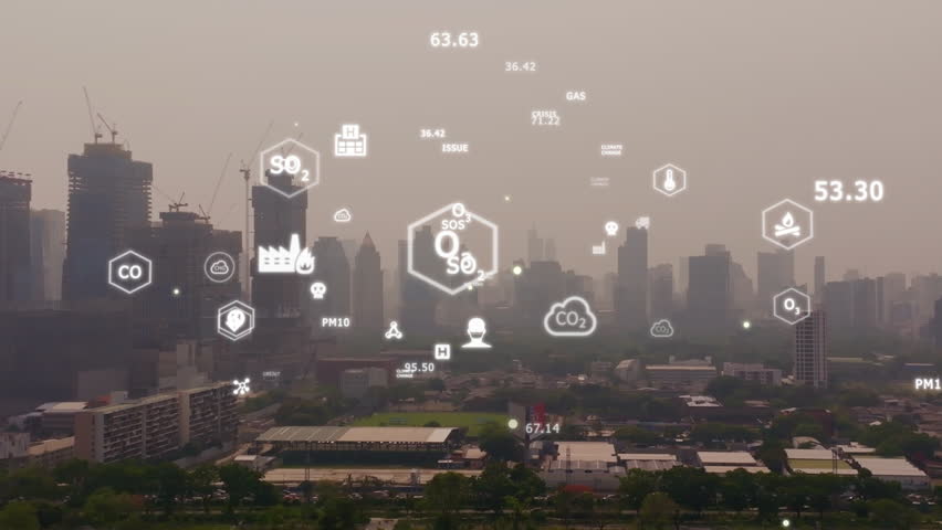 Save the planet CO2 emission global social issues. Aerial urban town bad sky view smoke stack crisis traffic car danger toxic, heat haze. Earth day big data smart AI dirty PM dust index protect future Royalty-Free Stock Footage #1101725609