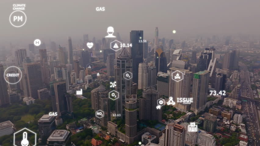Save the planet CO2 emission global social issues. Aerial urban town bad sky view smoke stack crisis traffic car danger toxic, heat haze. Earth day big data smart AI dirty PM dust index protect future Royalty-Free Stock Footage #1101725611