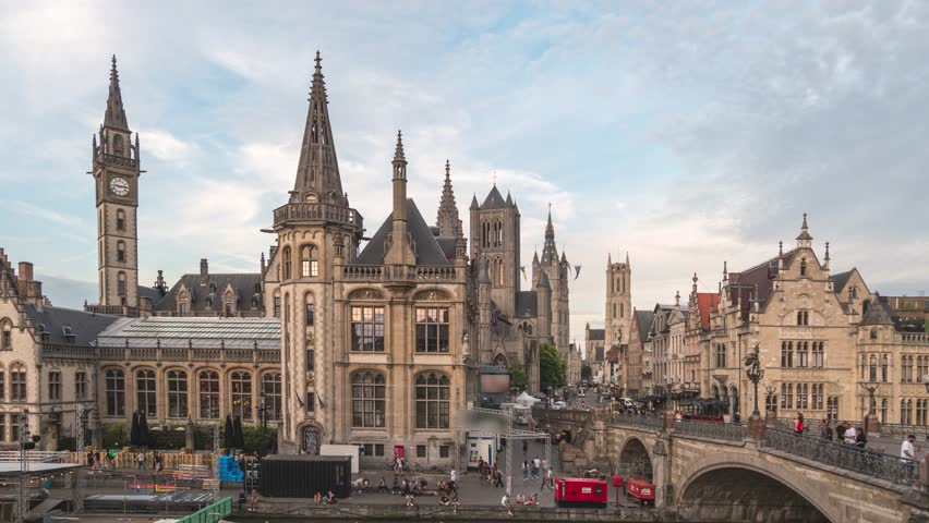 Ghent Belgium time lapse 4K, city skyline day to night timelapse at St Michael