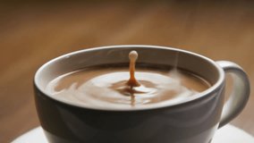 Cup of Hot Coffee with Milk for Breakfast Indoors Closeup. Creamy Beverage in Porcelain Mug in Morning Menu of Modern cafe. Advertisement of Coffeeshop with Instant Dairy Drink or Drip Filter Caffeine - Powered by Shutterstock - Get 15% off with code: PIKWIZARD15