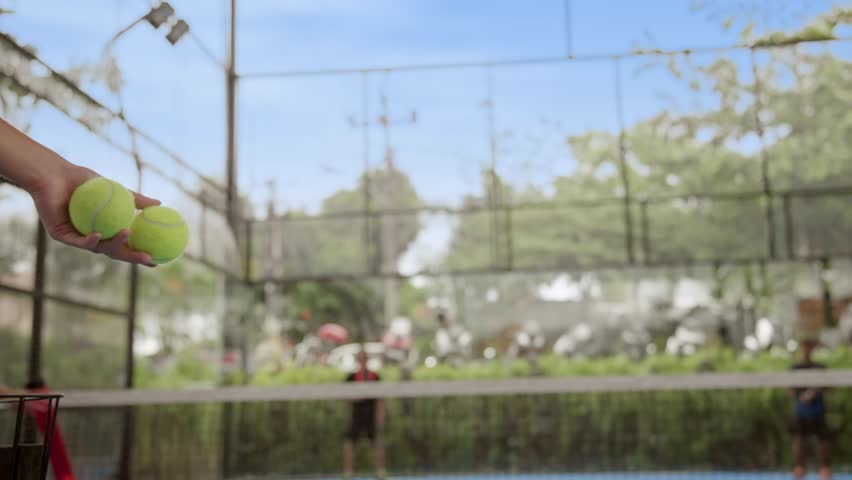 Caucasian woman player serve ball close up. Young adult girl play tennis outside arena. Person guy racket beat game. People hitting sport court match. Fit free time. Run skill club. Paddle tennis team