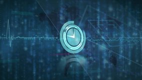 Animation of clock and cardiograph over data processing and world map. Global business and digital interface concept digitally generated video. - Powered by Shutterstock - Get 15% off with code: PIKWIZARD15
