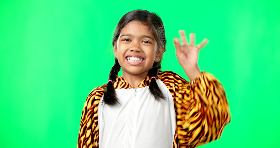Children, perfect and hand gesture with a girl on a green screen background in studio feeling good. Portrait, smile and emoji with an adorable happy female child on chromakey mockup looking positive