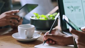 Business people, hands or technology meeting in coffee shop, restaurant or cafe lunch in strategy planning, data analysis or global search. Black women, designer or worker on tablet, phone or laptop - Powered by Shutterstock - Get 15% off with code: PIKWIZARD15