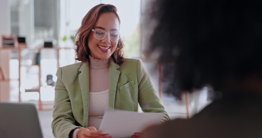 Business woman, interview and handshake in meeting for corporate growth, skills or recruitment at office. Happy female employee shaking hands of candidate in hire process for new recruit at workplace Royalty-Free Stock Footage #1101731467