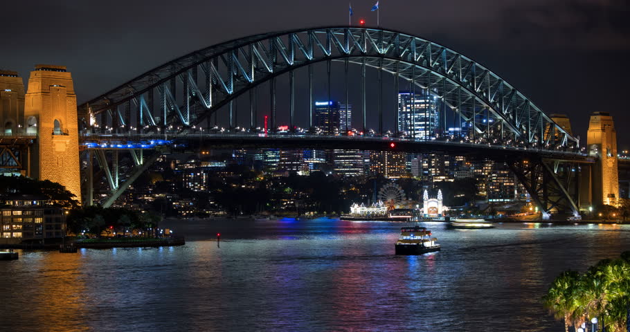 Timelapse Sydney Harbour Bridge and North Sydney at Night, Ferries, and amusement park visible. New South Wales. High-quality 4k footage