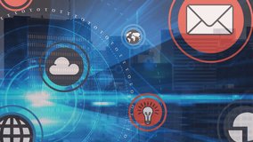 Animation of digital icons, round scanner and blue light spot against aerial view of cityscape. Computer interface and business technology concept - Powered by Shutterstock - Get 15% off with code: PIKWIZARD15