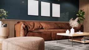 Modern living room interior design and decoration with brown leather sofa wooden coffee table and grey carpet, blank photo frame on dark green wall and sunlight from window. 3d rendering 4K footage. - Powered by Shutterstock - Get 15% off with code: PIKWIZARD15