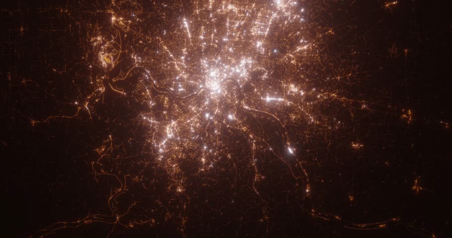 Cincinnati (Ohio, USA) aerial view at night. Satellite view on modern city with street lights. Camera is flying above the city, moving forward