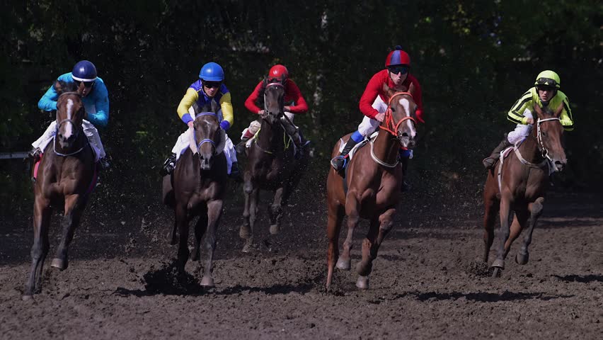Horse racing at summer racetrack on dirty ground in old hippodrome. Close up of Riders on horses racing at super slow motion filmed on Nikon z9 high quality camera Royalty-Free Stock Footage #1101735937