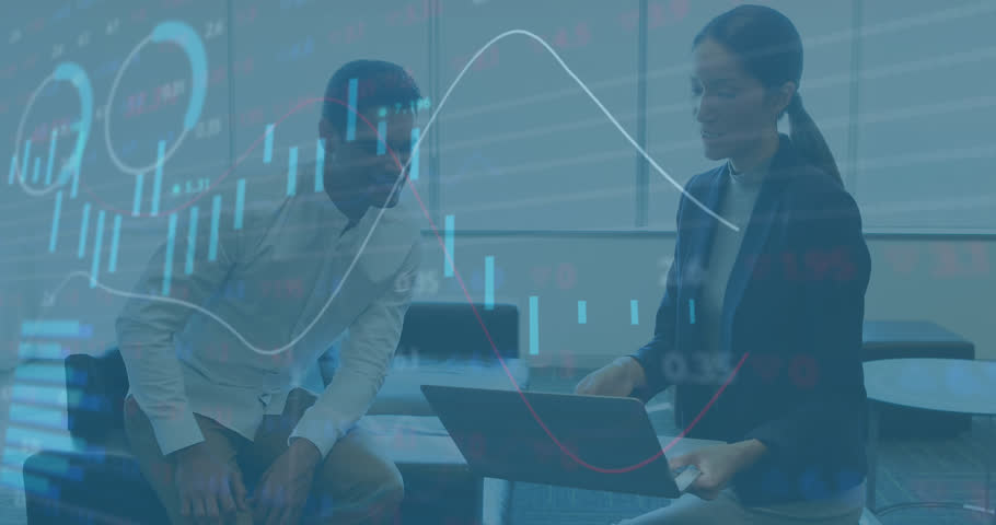 Animation of financial data processing over diverse business people. Global business, finances, computing and data processing concept digitally generated video.