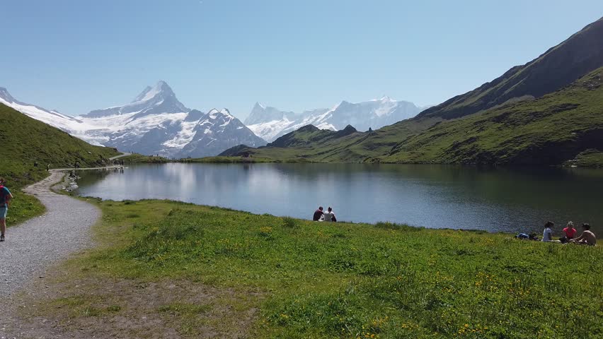 Drone flight in Swiss Alps in summer over Grindelwald, Faulhorn