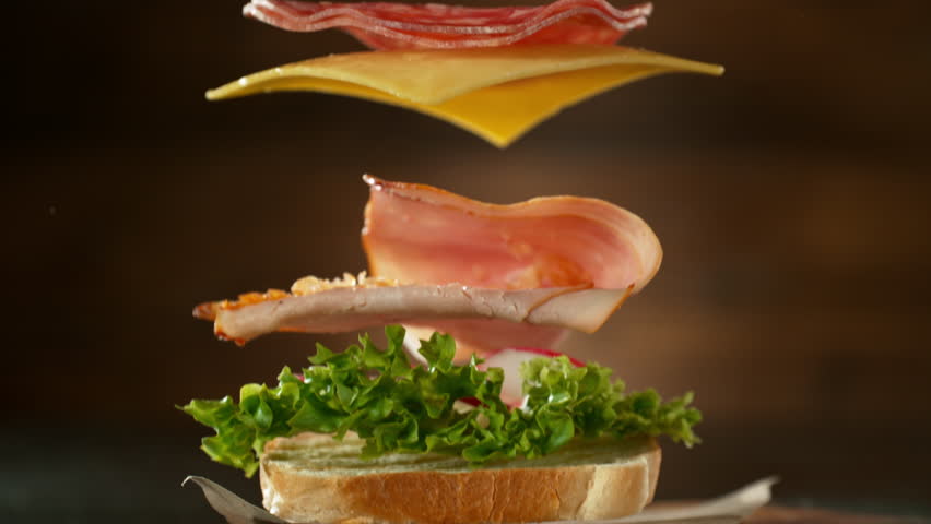 Sandwich Ingredients Falling and Landing in the Bun. Super Slow Motion at 1000 fps. | Shutterstock HD Video #1101739693