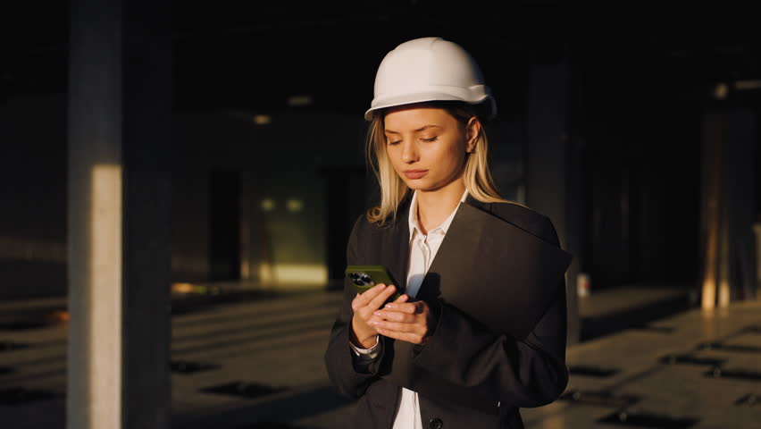 A female architect manager in a bad mood is texting with the workers through messenger on her phone. The builder is wearing a white helmet. The woman is located in an unfinished business center.