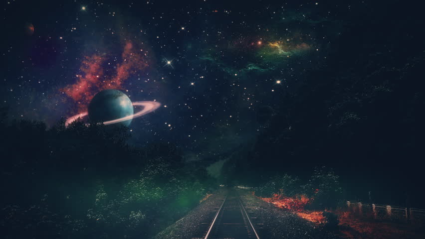 Space Railroad Travel Planets Surreal Background Scene Zoom In. Zoom in to a surreal empty railroad with planets in deep space. Motion background Royalty-Free Stock Footage #1101740569