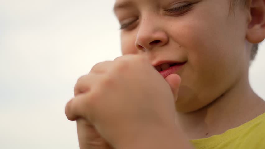 little christian cute and happy in prayer. happy kid expresses his faith and devotion through prayer. A child with closed eyes and folded hands he speaks to God with the innocence and purity of child Royalty-Free Stock Footage #1101741635