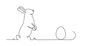 Easter bunny and eggs one line animation, hand drawn paschal rabbit continuous contour motion.Christian holiday design, festive decoration,simple design.4k movie