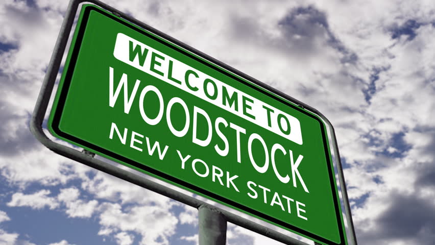 Welcome to Woodstock, New York State. US City Road Sign Close Up, Realistic 3d Animation