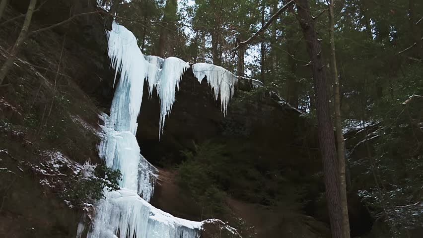 Frosted Waterfall On Ash Cave In Hocking Hills State Park, Ohio, USA. Tilt-down