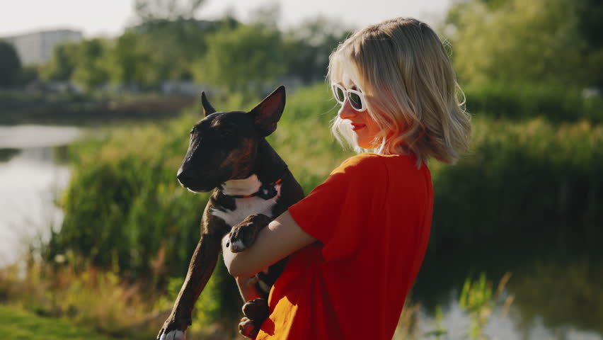 Portrait of the Happy Stylish Caucasian Woman Pet Owner Is Holding Hugging Her Lovely Mini Bull Terrier on the Sunset, Showing Love to the Dog. Girl Standing in the Park | Shutterstock HD Video #1101745487