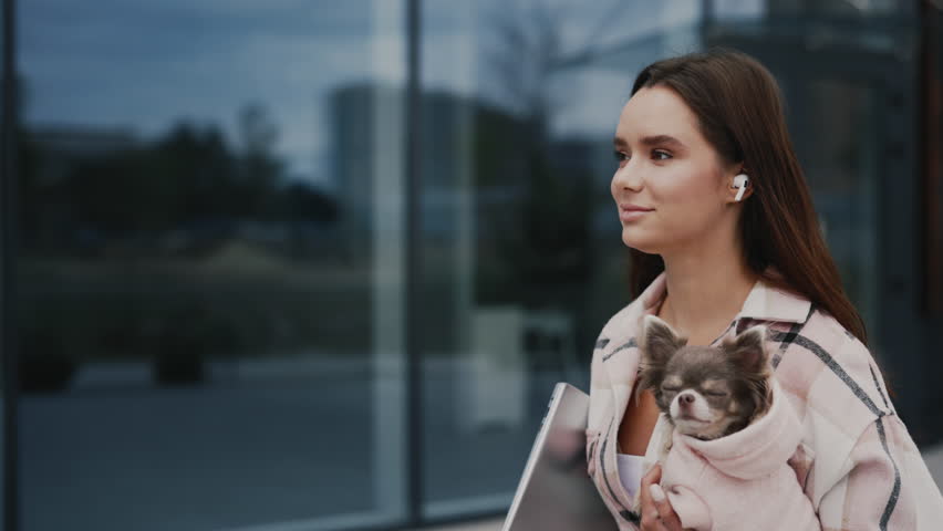 Caucasian Woman on a Walk with a Small Chihuahua Holding Him on the Hands, Holding the Laptop Wearing Earphones and the Pet Wearing Stylish Clothes for Little Dogs and Looks Around. Close Up | Shutterstock HD Video #1101745521