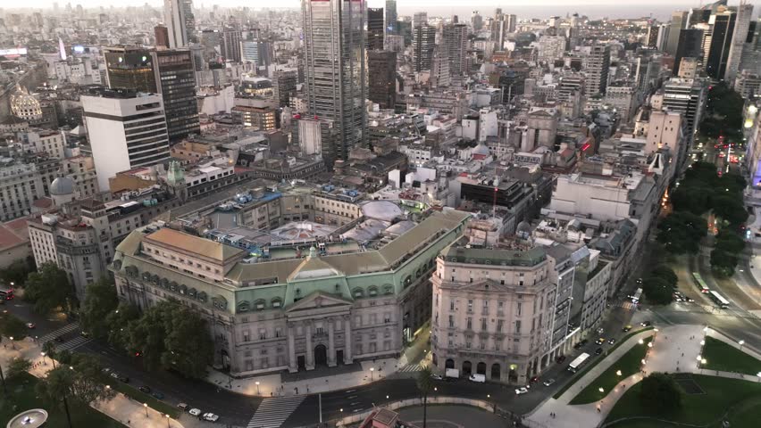 Aerial Drone Fly Above Kirchner Cultural Center and Pink House Casa Rosada Buenos Aires Argentina at Night near Plaza de Mayo