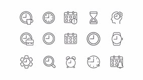 Animated time and clock linear icons. Wait-animations for website. Schedule and timing. Seamless loop HD video with alpha channel on transparent background. Outline motion graphic animation
