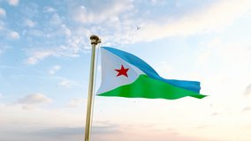 Flag of Djibouti waving in the wind, sky and sun background. Djibouti Flag Video. Realistic Animation, 4K UHD. 3D Animation 