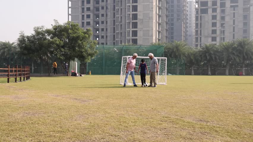 Family playing football outdoors and boy attacking his grandfather. Royalty-Free Stock Footage #1101752047