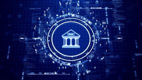 Virtual Bank. Digital technology concept Financial transactions, banking on online networks, protection systems with cyber security. Bank icon and currency connected polygon on dark blue background. - Powered by Shutterstock - Get 15% off with code: PIKWIZARD15