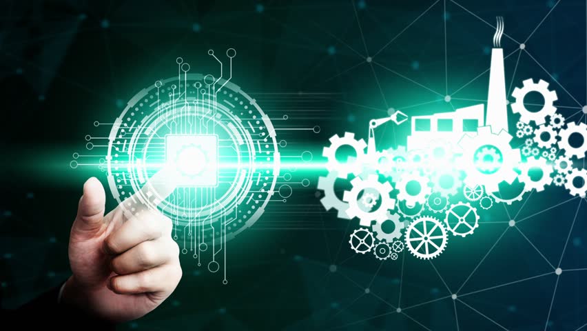 Futuristic industry 4.0 and inventive mechanized engineering concept with graphic user interface showing automation design, robot operation, usage of machine deep learning for future manufacturing. | Shutterstock HD Video #1101753967