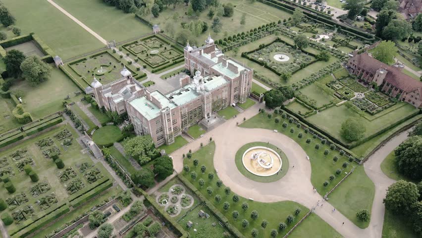 Aerial view above Hatfield house historic Tudor park and landscaped gardens landmark