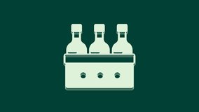 White Bottles of wine in a wooden box icon isolated on green background. Wine bottles in a wooden crate icon. 4K Video motion graphic animation.