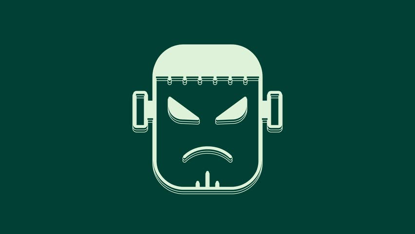 White Scary monster - Frankenstein face icon isolated on green background. Happy Halloween party. 4K Video motion graphic animation.