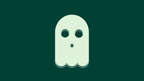 White Ghost icon isolated on green background. Happy Halloween party. 4K Video motion graphic animation.