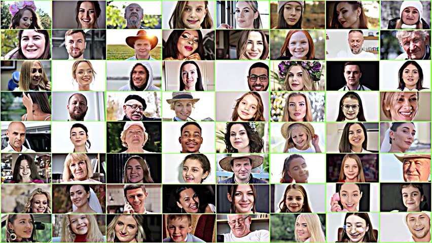 Collage of happy, positive people of different ages. Multi-screen montage, split-screen collage.  Royalty-Free Stock Footage #1101758755