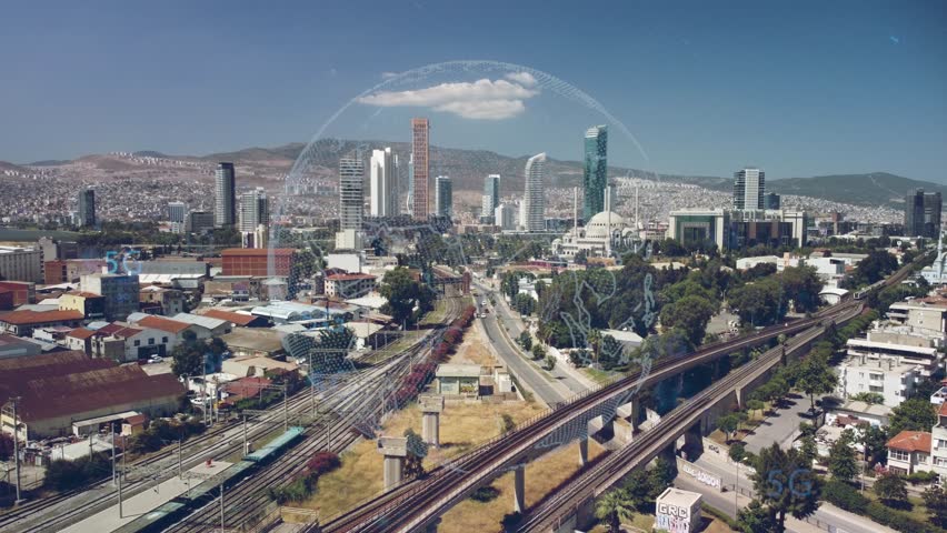 Modern cityscape and communication network concept. Telecommunication. IoT Internet of Things. ICT Information communication Technology. 5G. Smart city. Digital transformation. | Shutterstock HD Video #1101759607