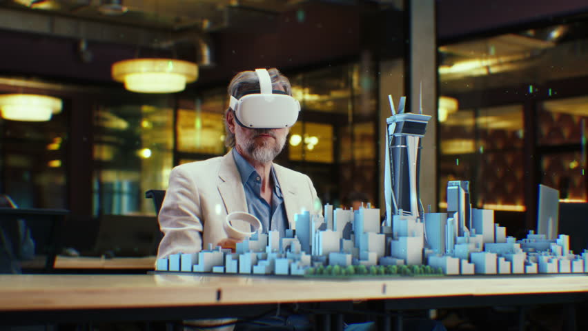 Male engineer uses VR headset and wireless controllers, creates architectural project of the city in virtual reality. Man works in modern hi-tech company. 3D hologram. Future digital AI technologies. Royalty-Free Stock Footage #1101760295